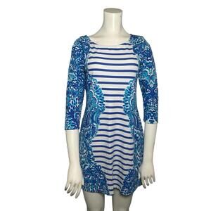 Lilly Pulitzer Nila Dress Blue Moon Jellies Stripe 3/4 Sleeve Boatneck SMALL